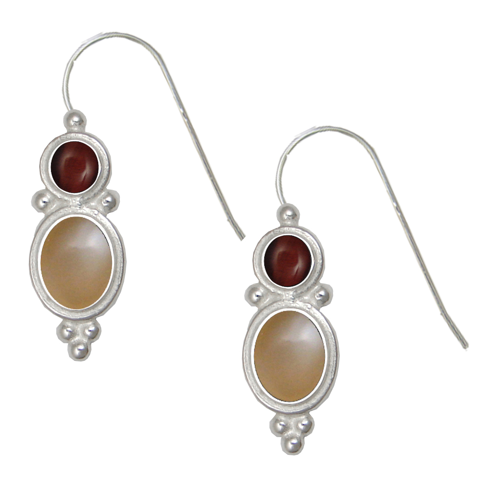 Sterling Silver Drop Dangle Earrings Peach Moonstone And Red Tiger Eye